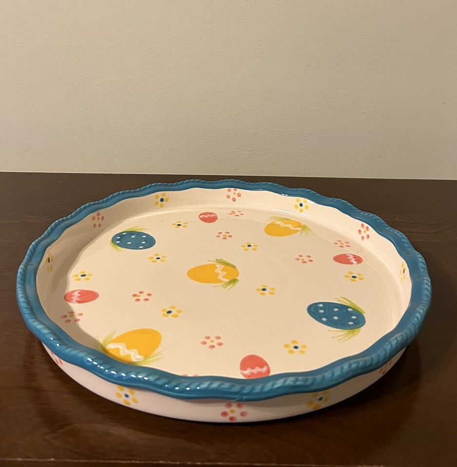 Temptations Tara 12” Easter Egg Hunt Platter Utensils Wooden Serving Paddle EUC