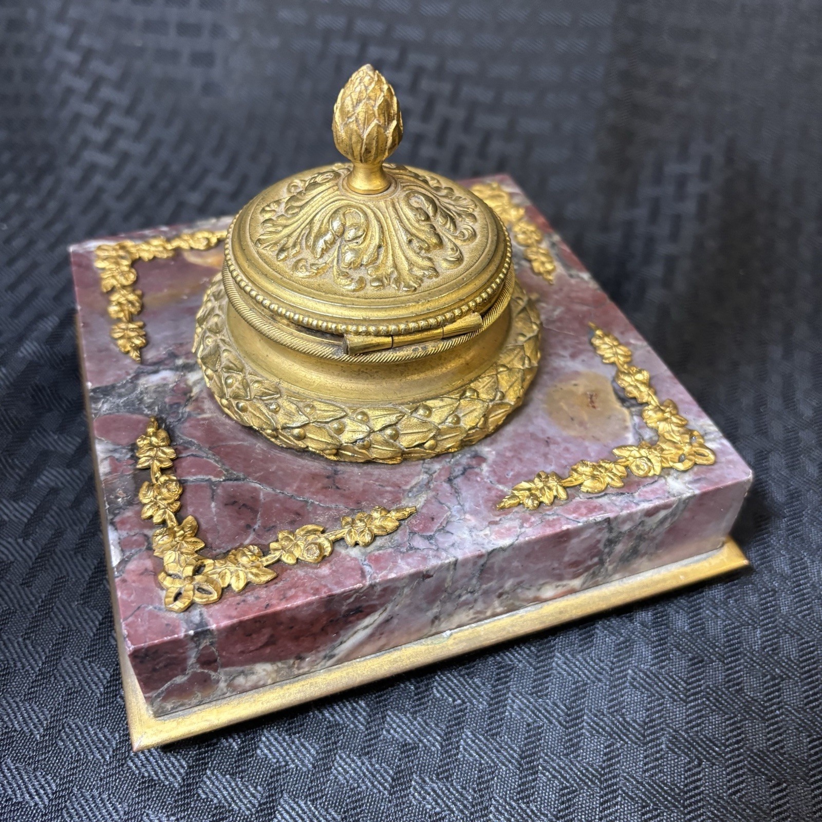 Antique French Rouge Marble Gilt Bronze Inkwell Empire Style