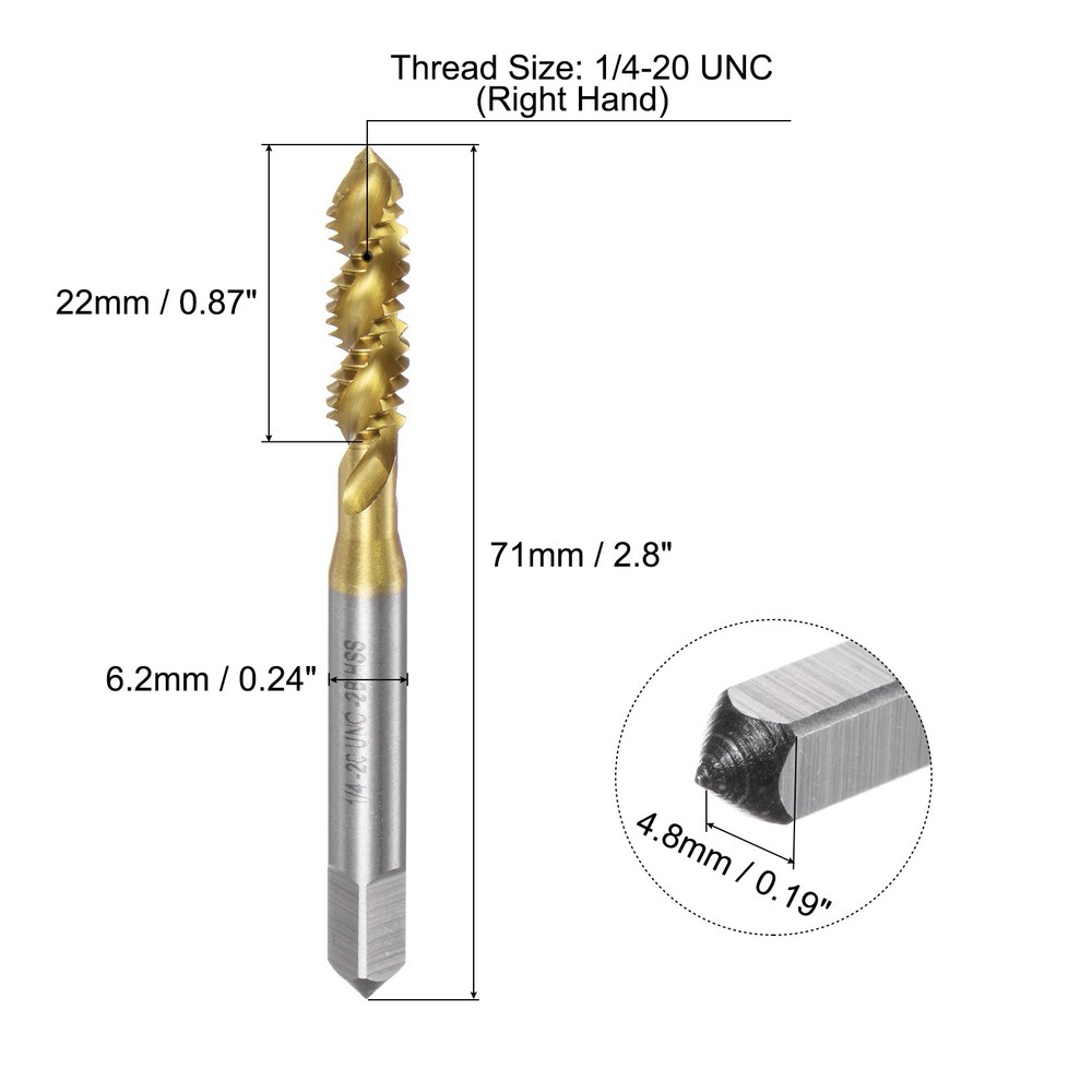 Spiral Flute Thread Taps 1/4-20 UNC 2B Titanium Coated Screw Threading Tapping