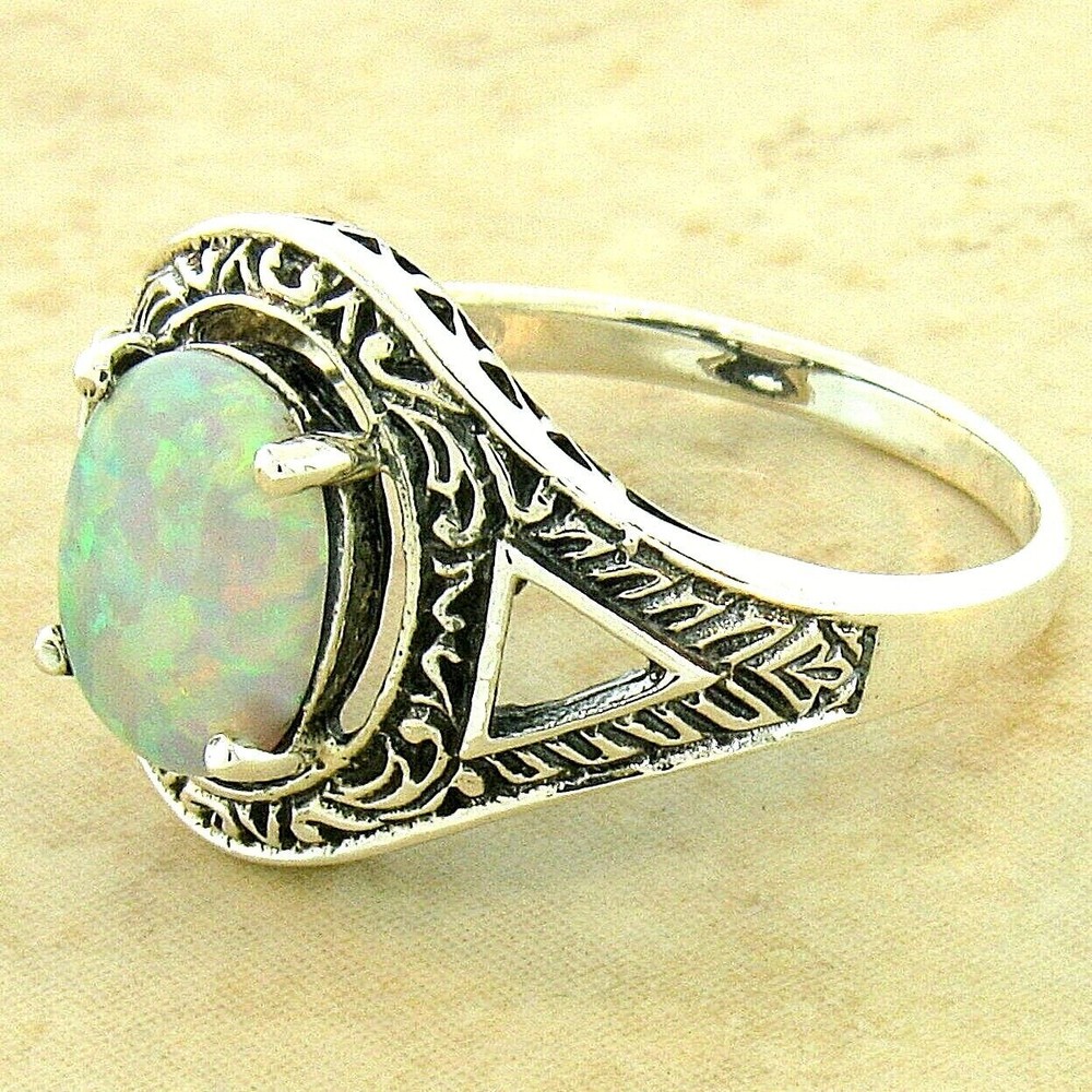 ANTIQUE STYLE 925 SOLID STERLING SILVER LAB-CREATED OPAL FILIGREE RING 1107X