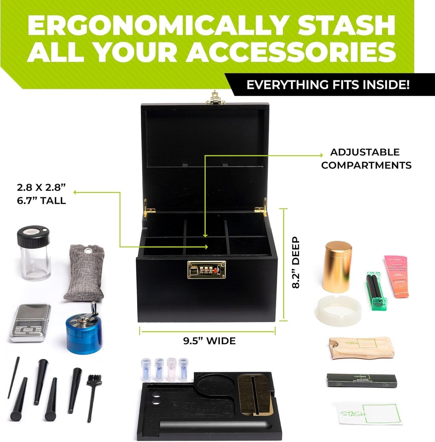 Smell Proof Stash Box with Rolling Tray, Built-In Combo Lock & 21 Accessories