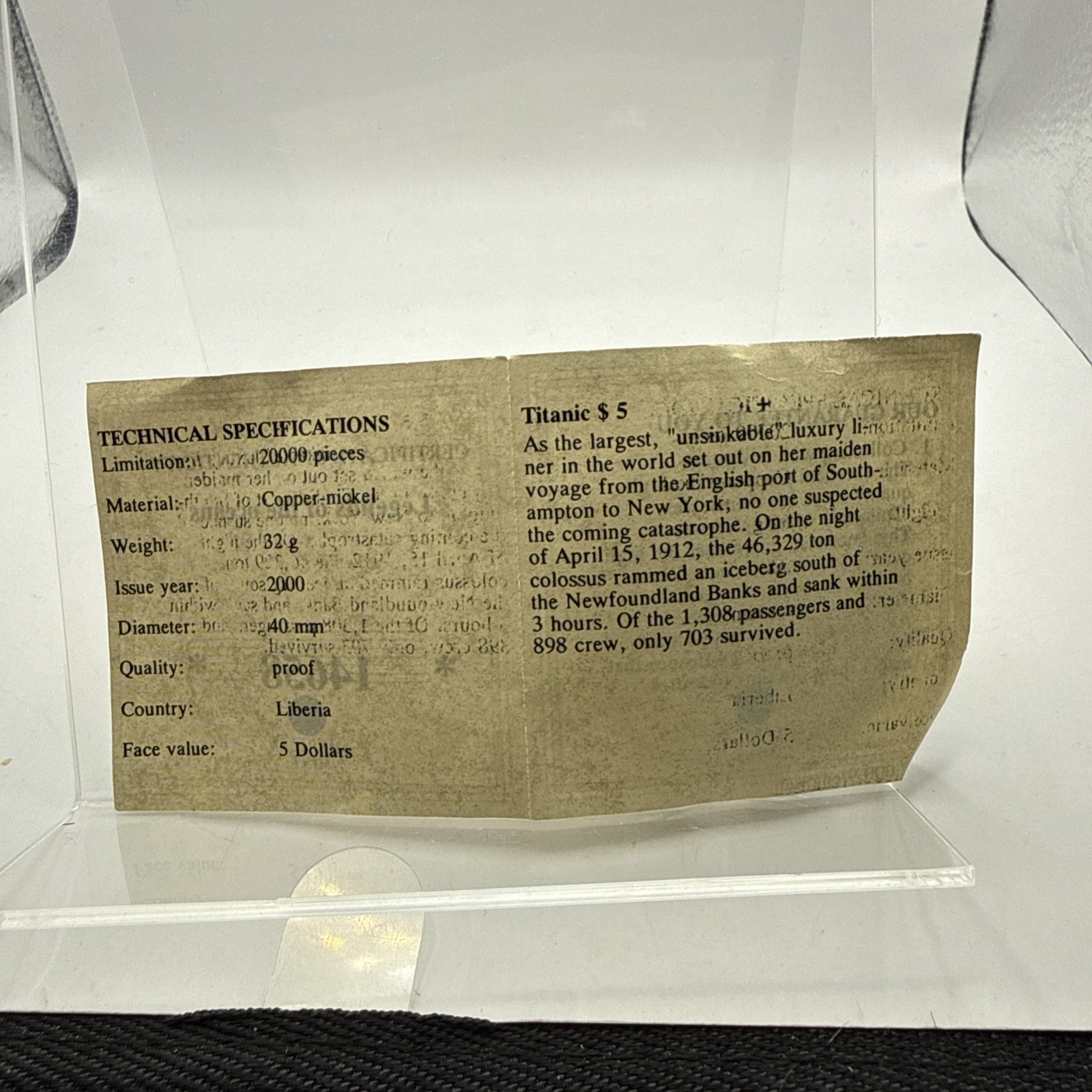 2000 REPUBLIC OF LIBERIA 5 DOLLARS Legends Of The Oceans Titanic 14658 American