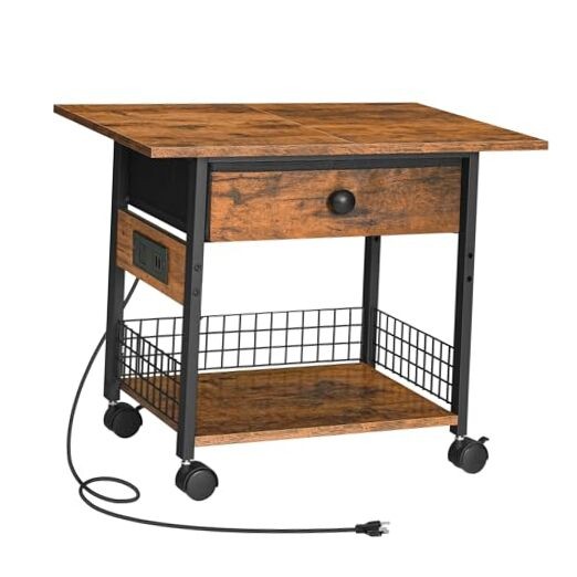 Printer Stand with Charging Station, 2-Tier Printer Cart, Under Desk Printer