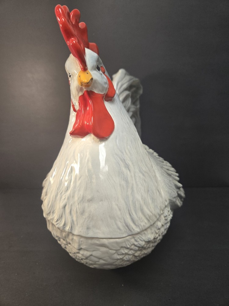 LARGE Vintage White/Grey Ceramic Rooster Lidded Container 15"