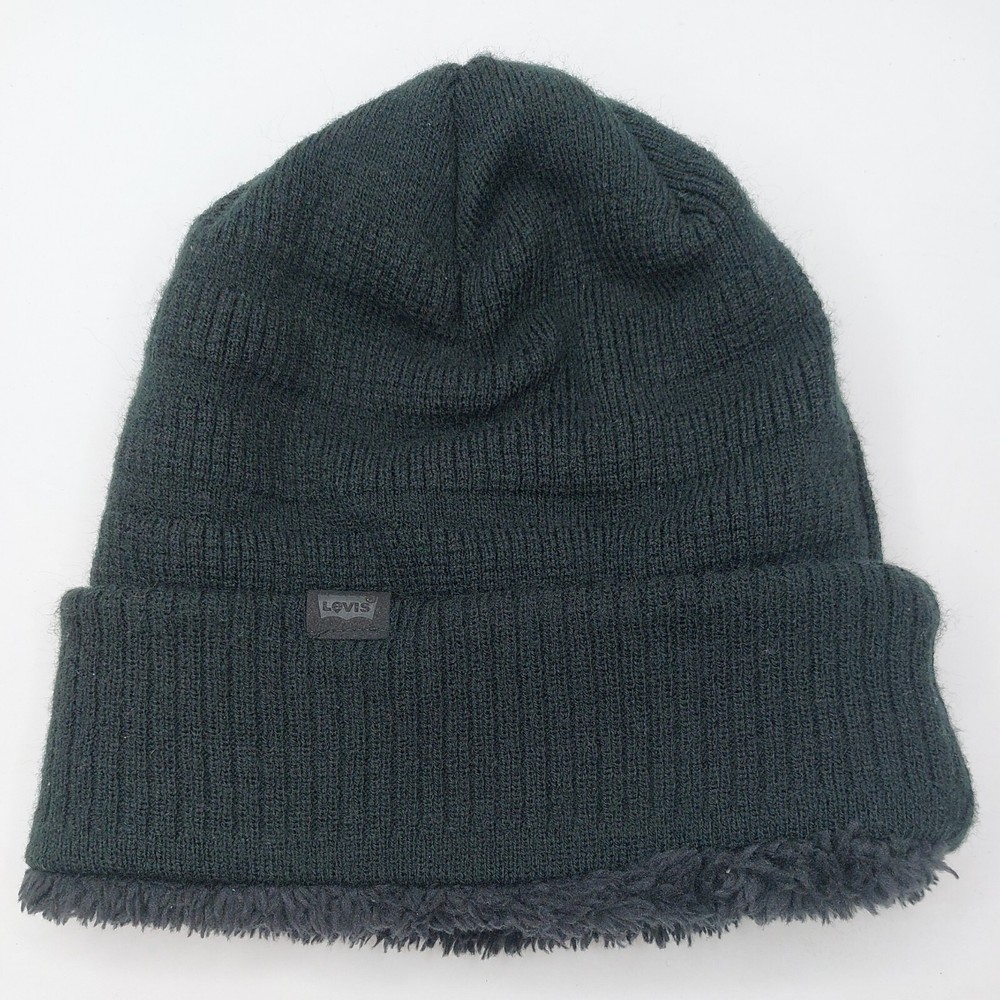 Levis Knit Beanie Hat Cap Black Sherpa Lining