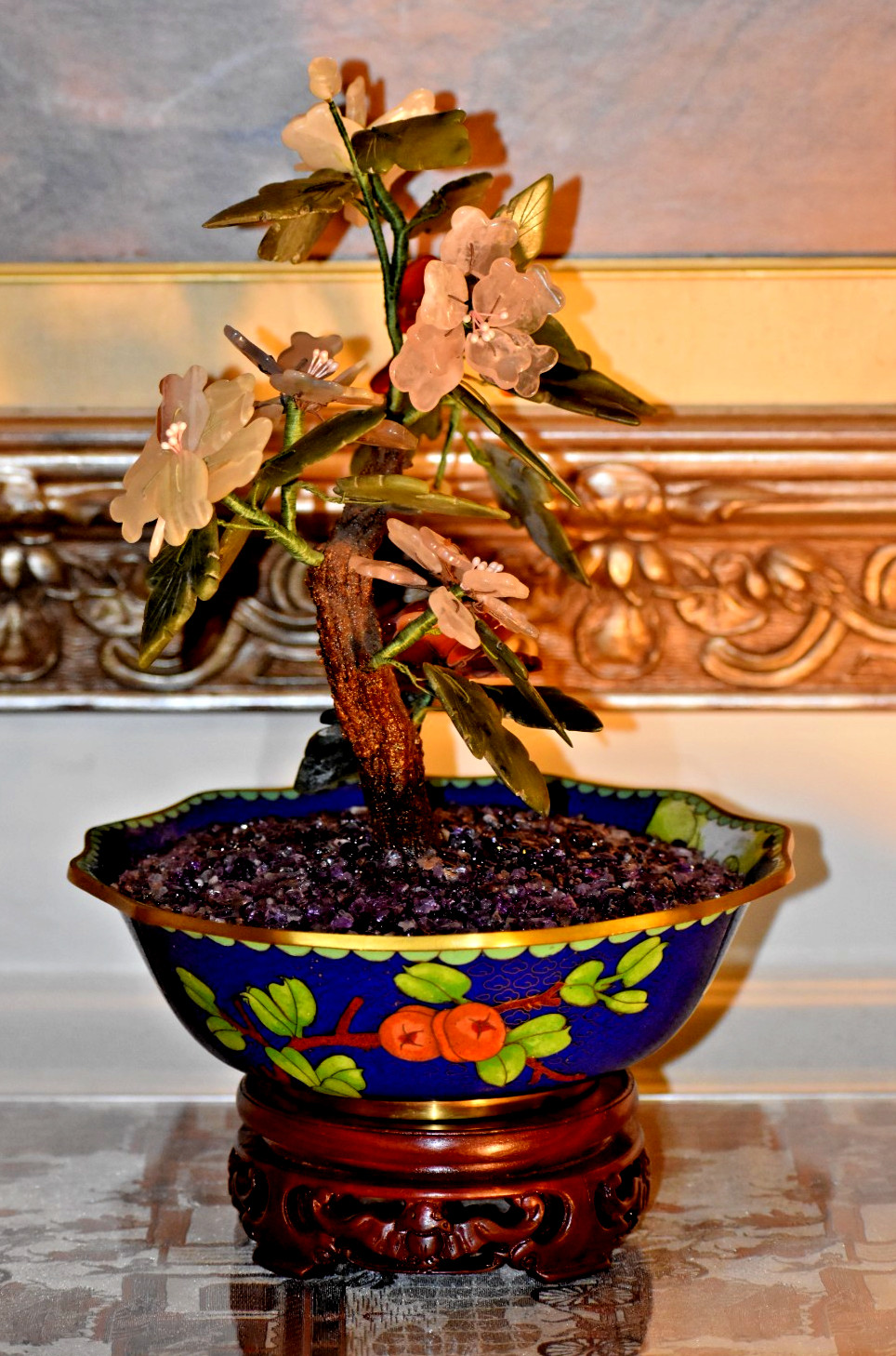 15" VINTAGE BONSAI PEKING JADE TREE IN 8" BLUE CLOISONNE BOWL W/SOLID EBONY BASE