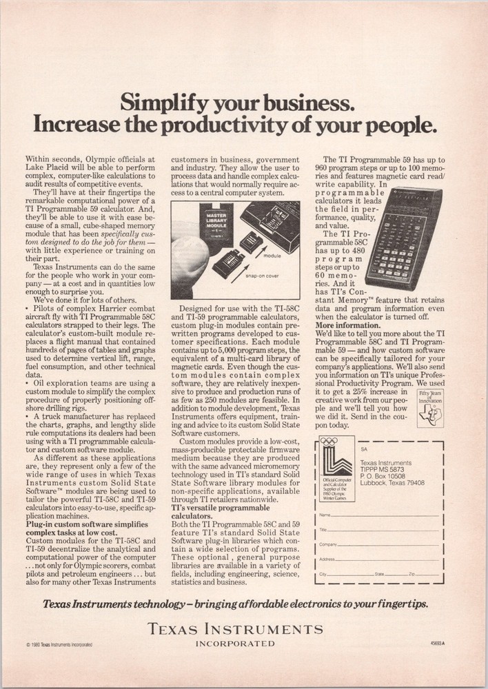 Texas Instruments Programmable Calculator Olympic Ski Module 2 Pg Print Ad 1980