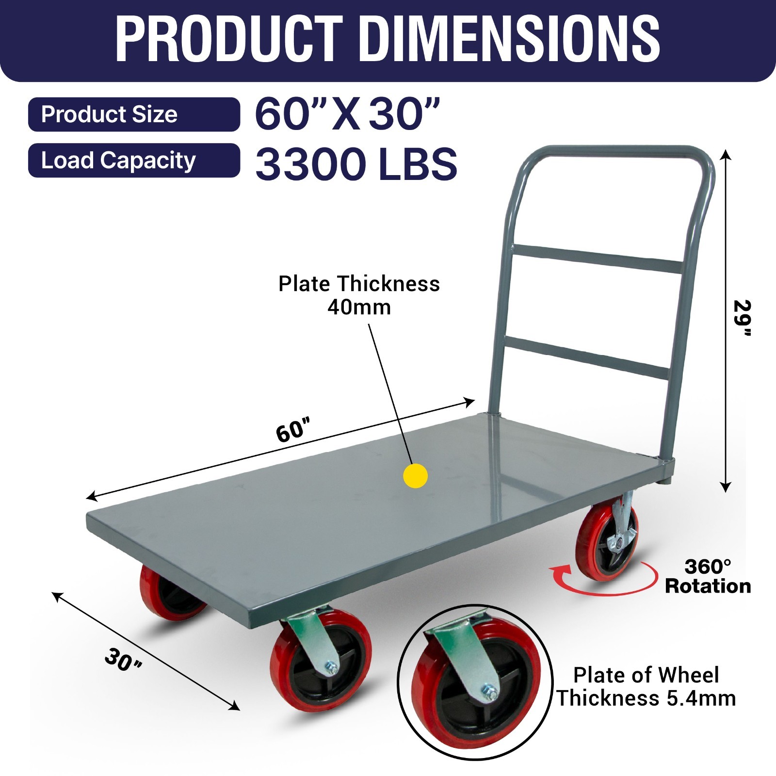 Flatbed Platform Cart Industrial Dolly Heavy Duty 60” x 30” Hand Push 3300 LB