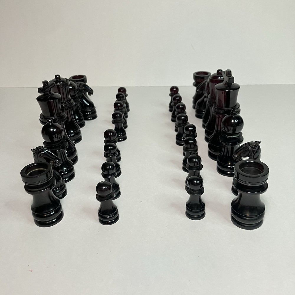 Vintage Translucent Ruby Red Lucite Chess Pieces 32 Staunton Style Mid Century