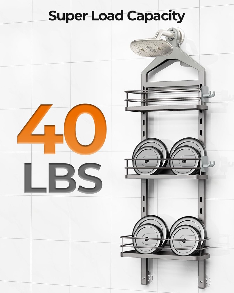 ODesign 3-Tier Adjustable Shower Caddy - Anti-Swing Hanging Organizer - Grey