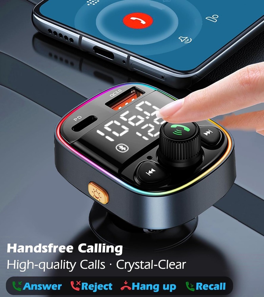 Bluetooth 5.4 Bluetooth Car Adapter, FM Transmitter with Qc3.0/Type-C 42W Fast C