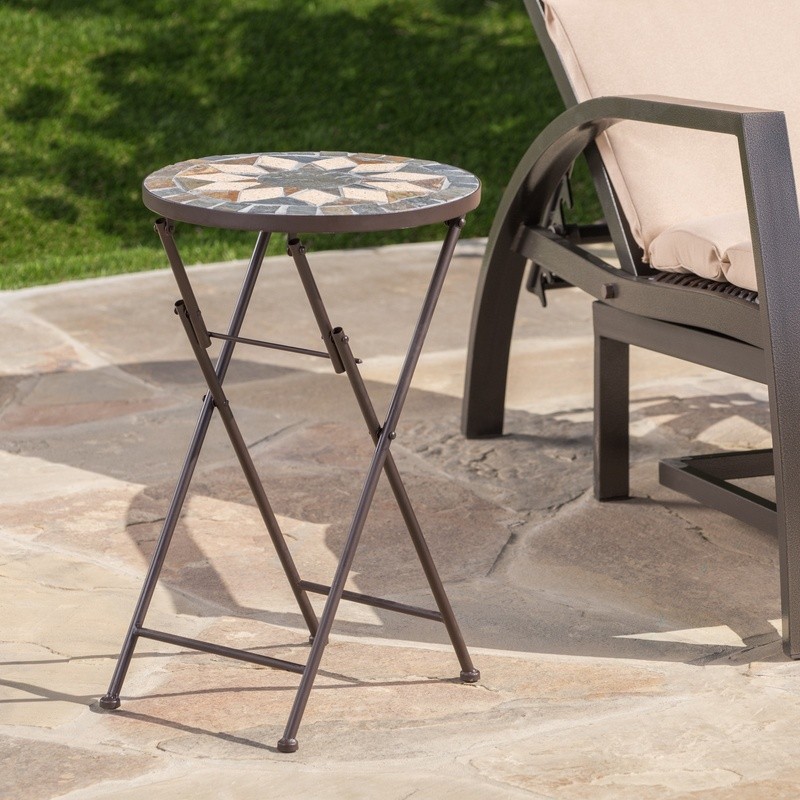 Foldable Outdoor Stone Side Table W/ Iron Frame Unique Patio Accent Table New