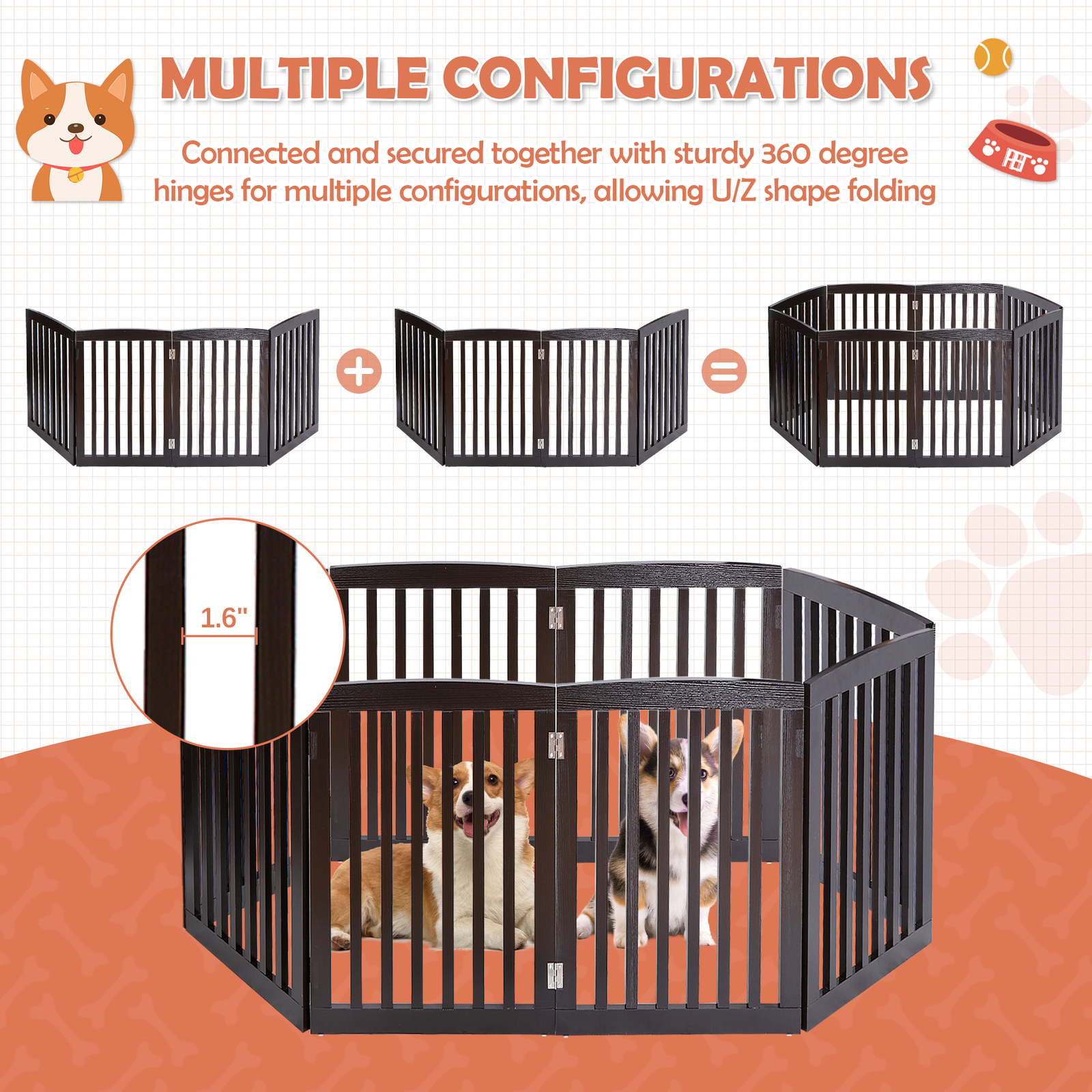 Freestanding Pet Dog Gate 4 Panels Indoor Foldable Dog Fence for Stairs Brown