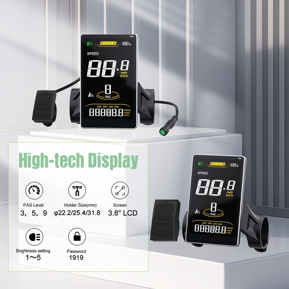 SW2-M58 EBike Display 3.8" Screen 0-9 PAS for BAFANG Mid Motor UART Protocol US
