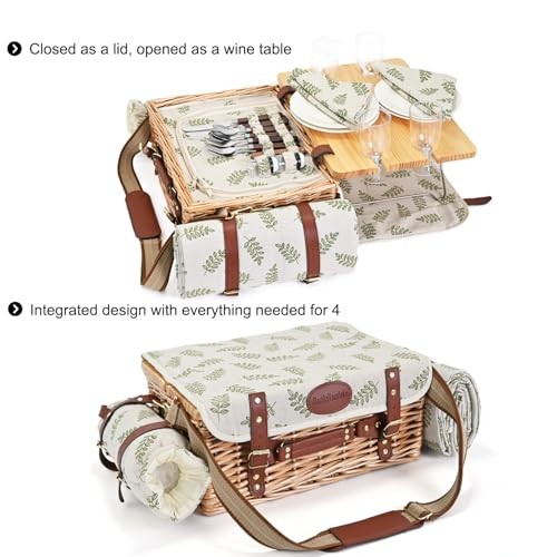 Multifunctional Wicker Picnic Basket Set for 4 Leaf With Blanket &Table for 4