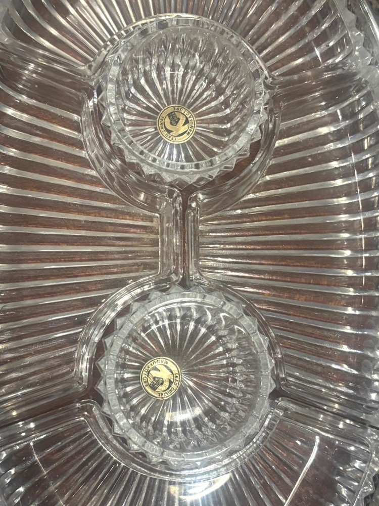 VTG Raimond Silverplate Footed Tray w/ Lead Crystal Inserts, Wood Grains Formica