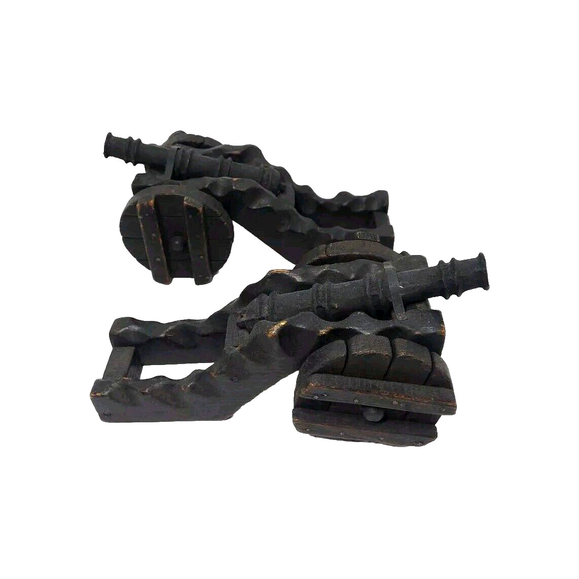 Set 2 Antique Cast Iron Wood Model Miniature Field Gun 10" Cannon On Wheels Toy