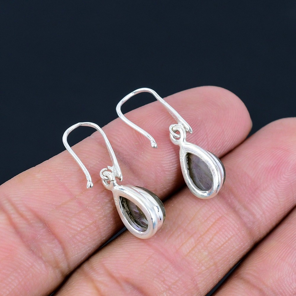 Natural Labradorite Gemstone 925 Sterling Silver Small Tiny Drop Dangle Earrings