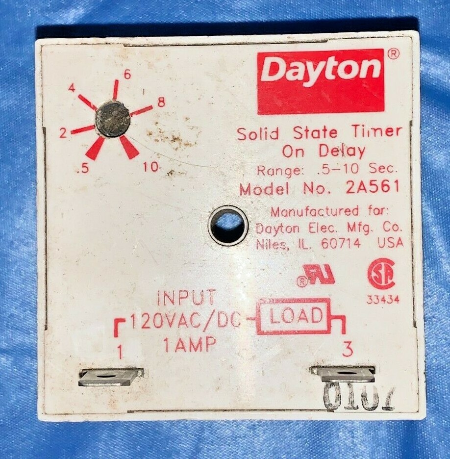 DAYTON SOLID STATE TIMER, ON DELAY, 2A561, .5-10 SEC., 24-240 VAC, 2 PIN