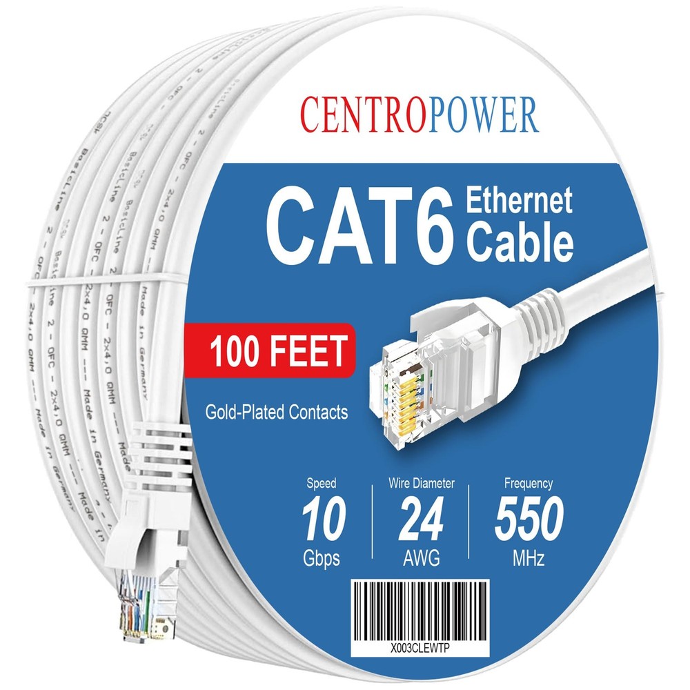 Cat 6 Ethernet Cable 100 ft, Solid High-Speed Internet LAN Network Copper Cor...