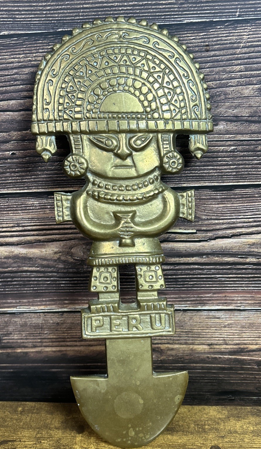 Vintage Brass Peruvian Tumi Figurine Ancient Wall Hanging Ceremonial Blade Aztec