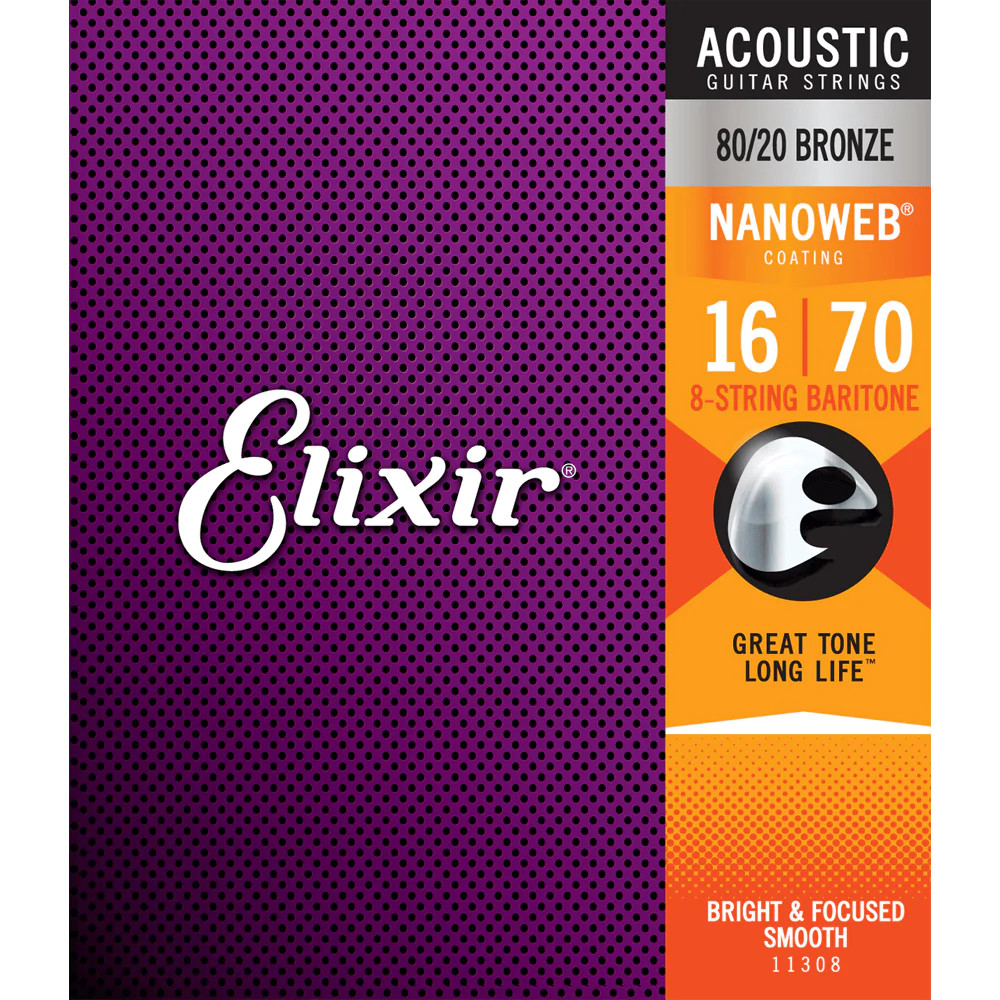Elixir NANOWEB 80/20 Bronze Acoustic — 11308 8-String Baritone .016-.070