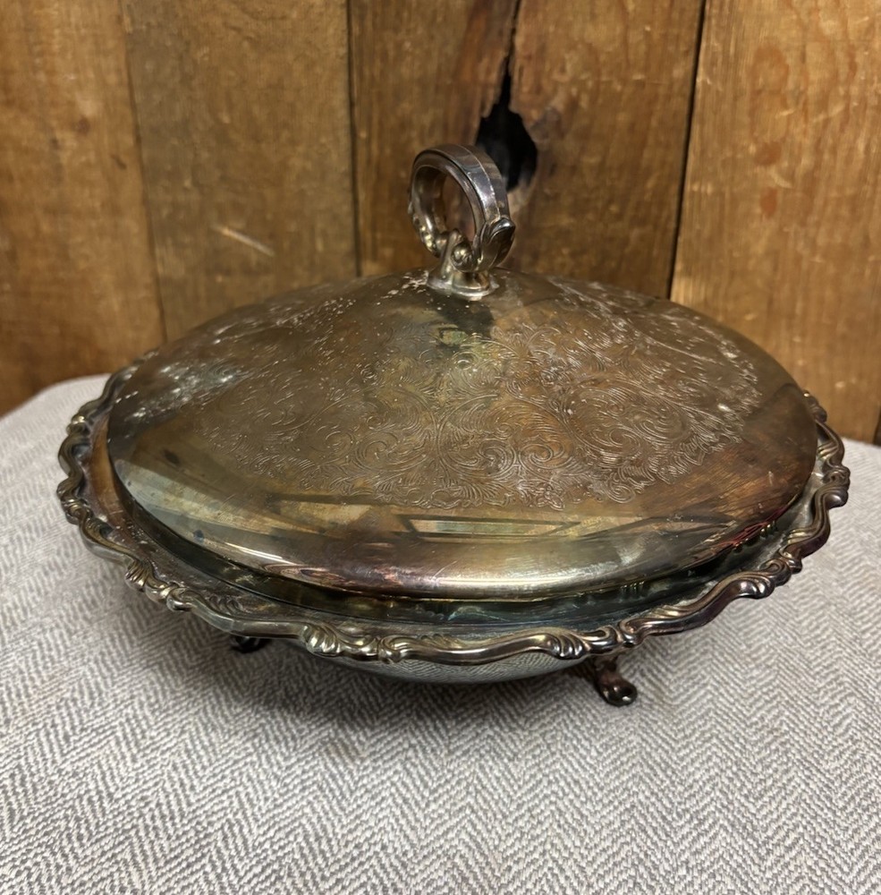 Vintage WM A Rogers Oneida Silver Plate Three Footed Engraved Covered Tureen