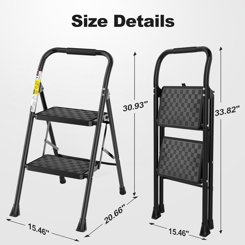 Elegant 2-Step Ladder - Foldable Ergonomic Step Stool with Wide Pedals