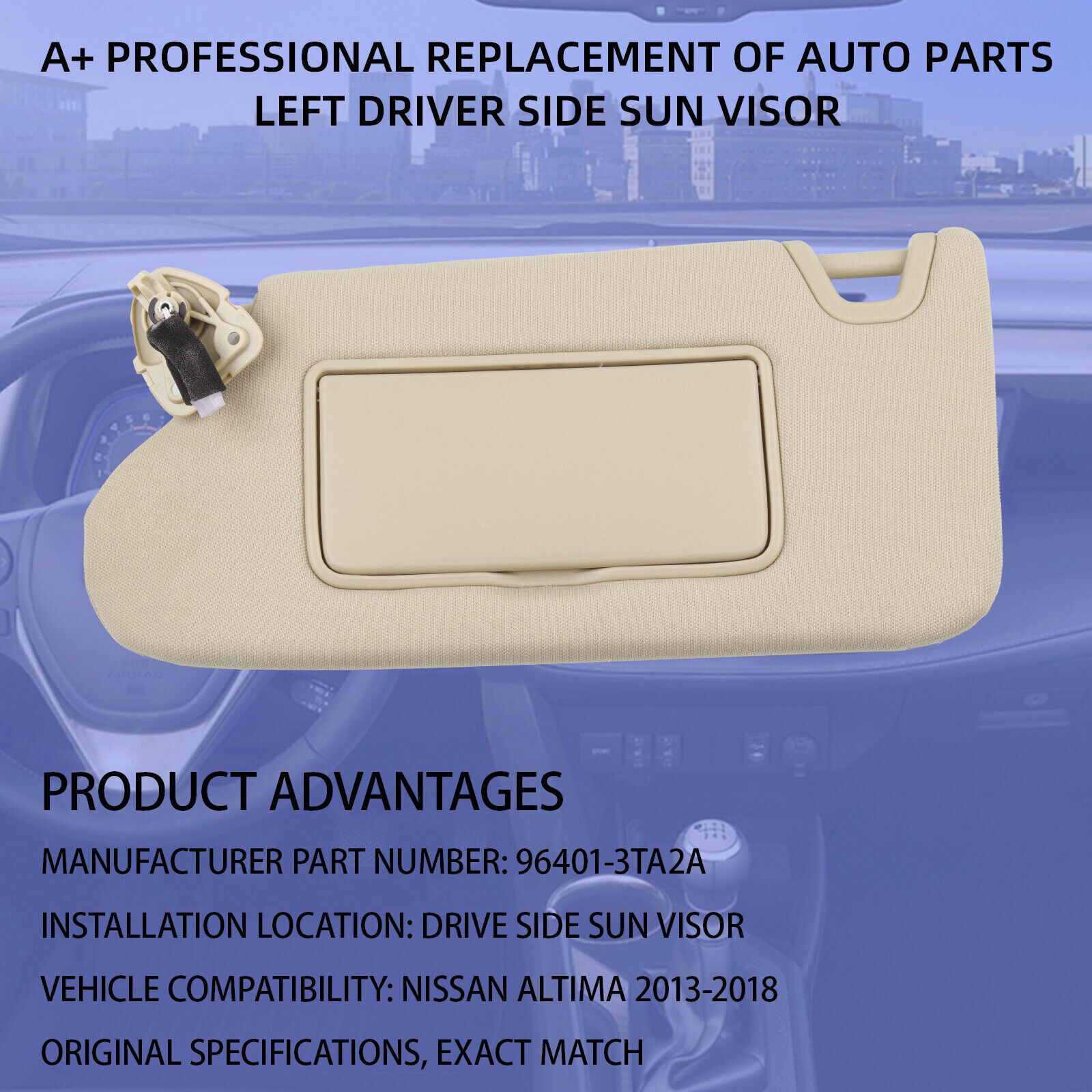 Left Driver Side Beige Sun Visor w/ Light For Nissan Altima 2013-2018 964013TA2A