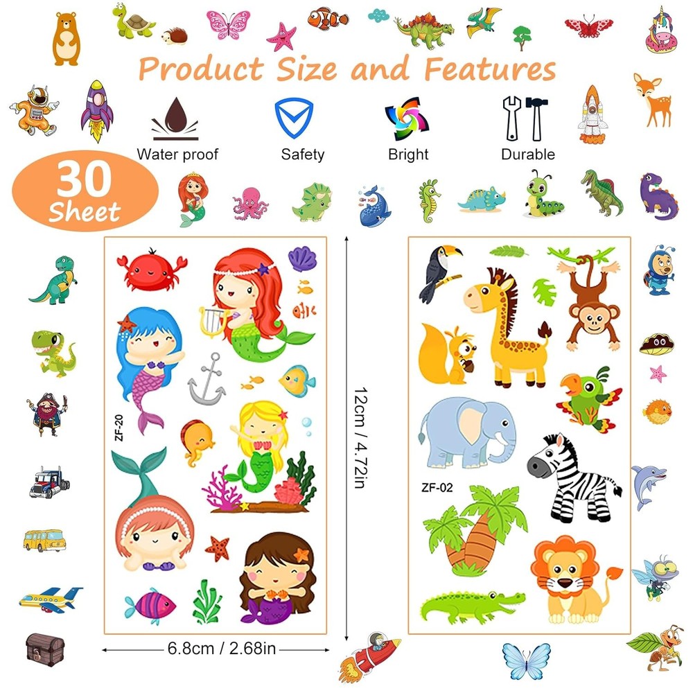 Tattoos for Kids, 300+ Mixed Styles Temporary Medium, Multi-colored