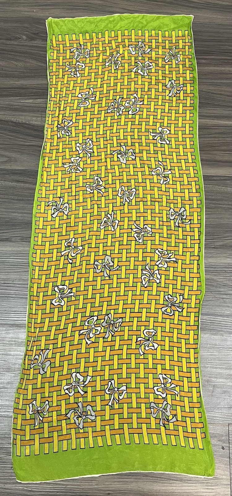 Vintage Unbranded Rectangle Woven Basket Pattern Bows Green Yellow Orange Scarf