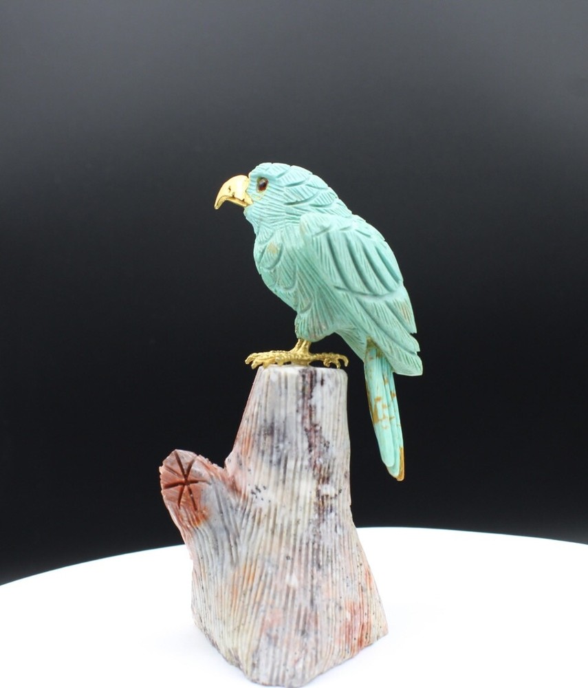 Natural Turquoise Handcrafted Eagle On An Ocean Jasper Trunk Base.