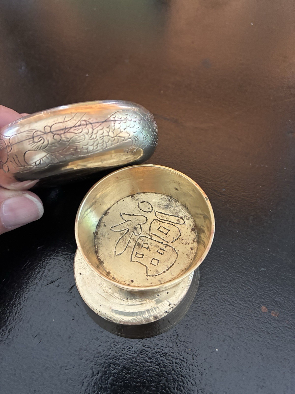 3 Vintage Chinese Bronze Mini Nesting Dishes / Detailed Dragon Etched Motif