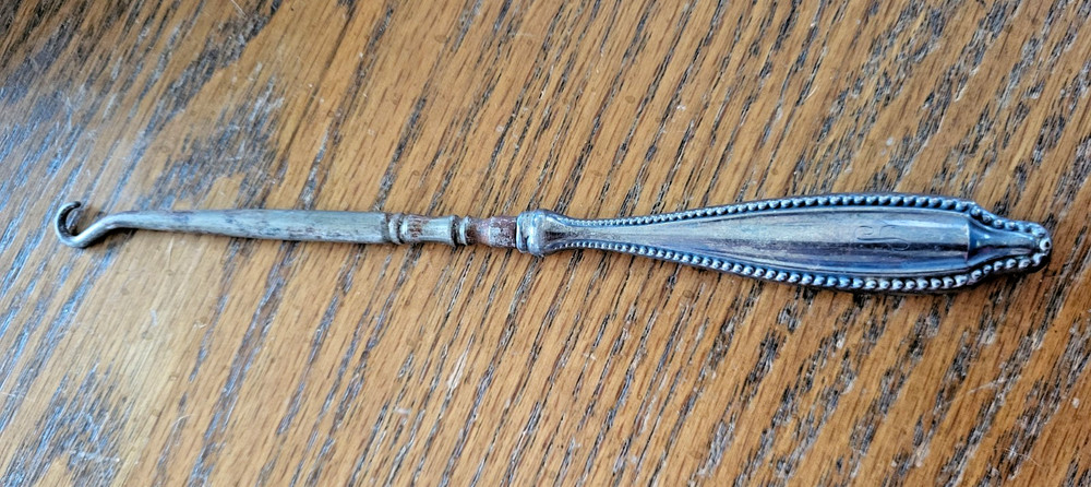 Rare 7" Antique Silver Handle Button Hook Leather Manicure Tool