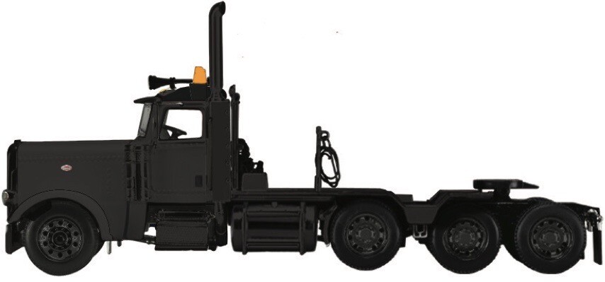 1/64 DCP ALL BLACK #2 PETERBILT 389 HEAVY HAUL TRI AXLE DAY CAB