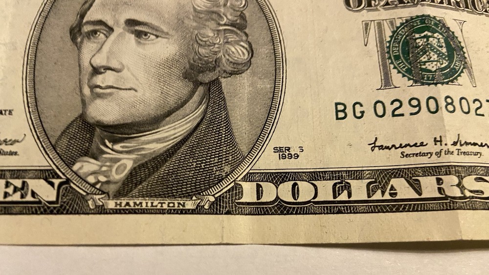 $10 Dollar Bill 1999 ink Error and Misalignment Error