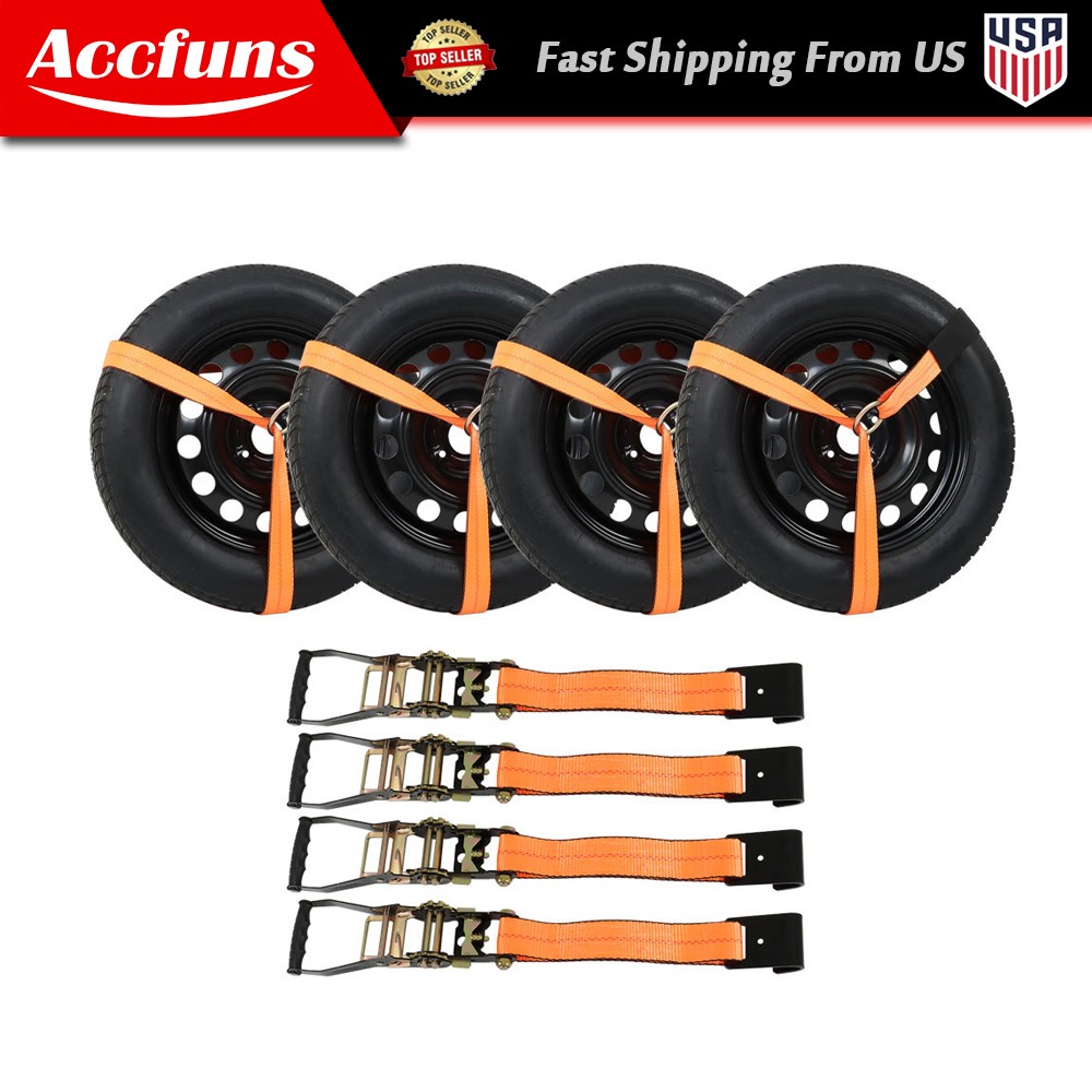 Durable 3,300 Pound Safe Working Load 4×Set Car Tie Down w/ Flat Hooks Universal