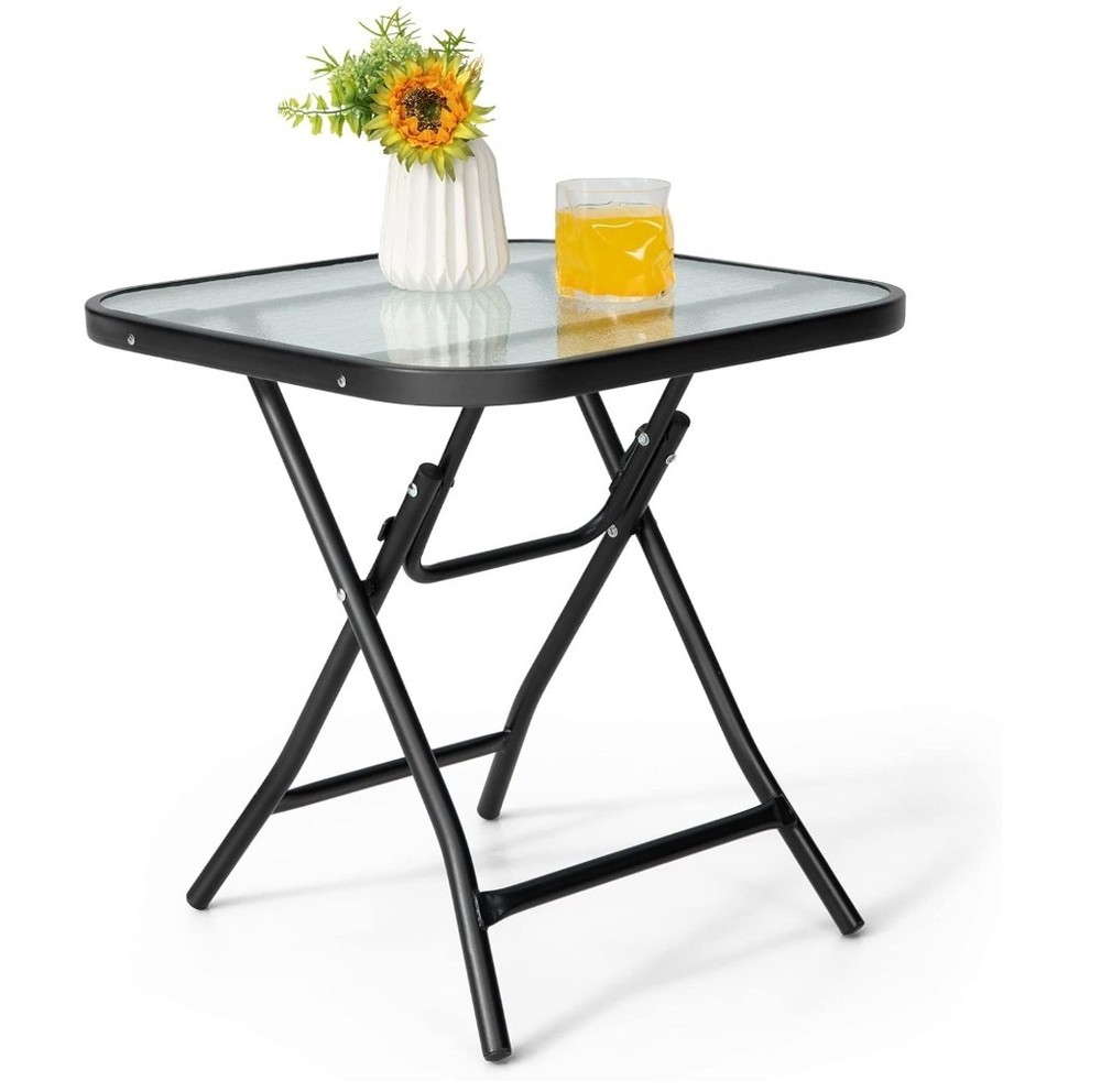 Folding Side Table, Square Small Patio Table,Tempered Glass Tabletop,Steel Frame