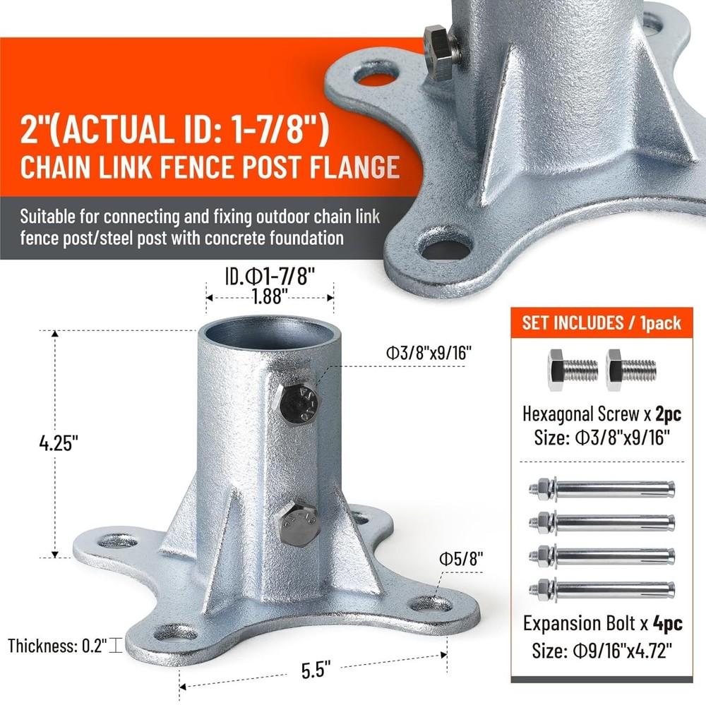 2" Chain Link Fence Post Floor Flange Base 2 Pack Metal Post Mount Bracket
