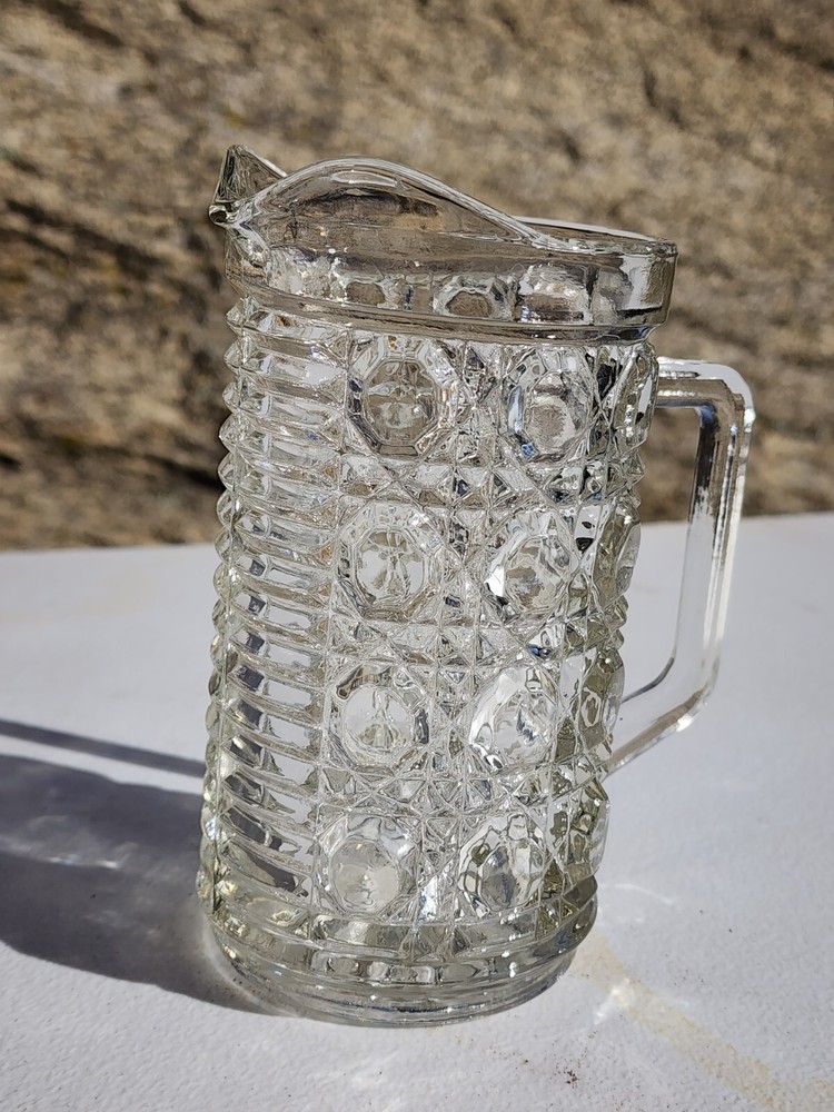 Vintage Federal Windsor Button & Cane Pattern Small Pitcher 6" Tall Clear Glass