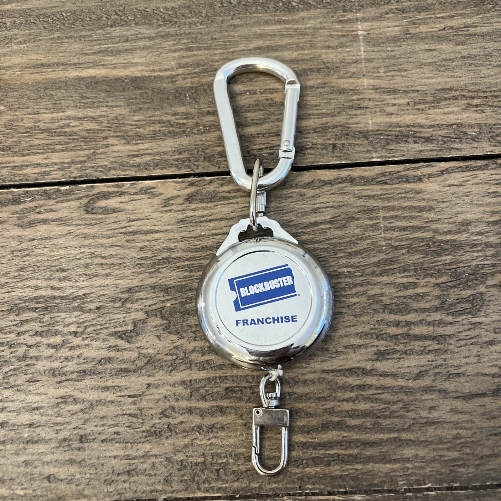 NEW NOS Vtg Blockbuster Video Retractable Keychain Badge Reel Carabiner Silver