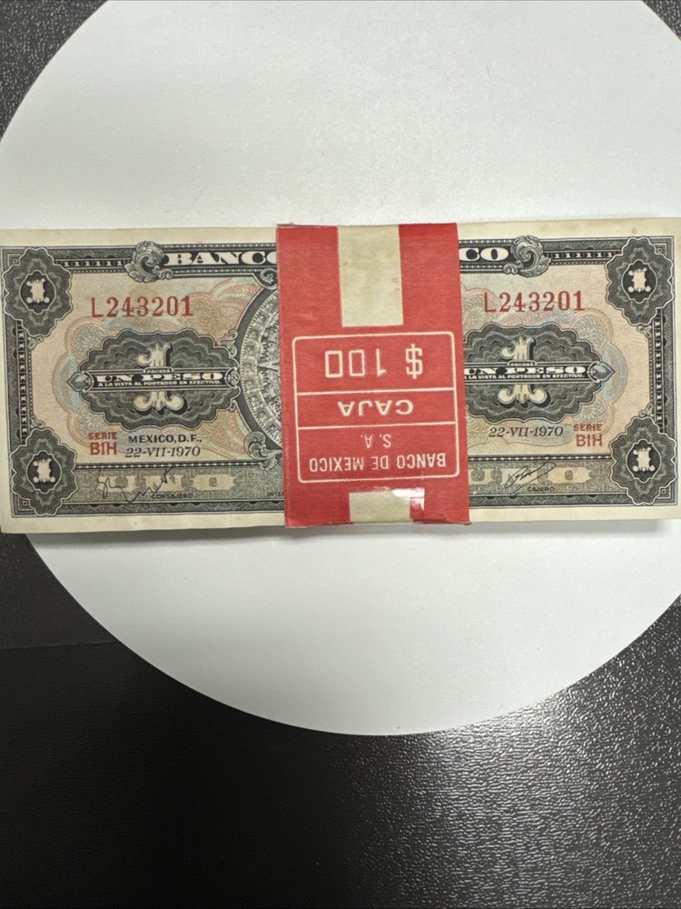 1970 Mexico 1peso 108 Uncirculated Sequence Bank Notes Consecutive Serial.