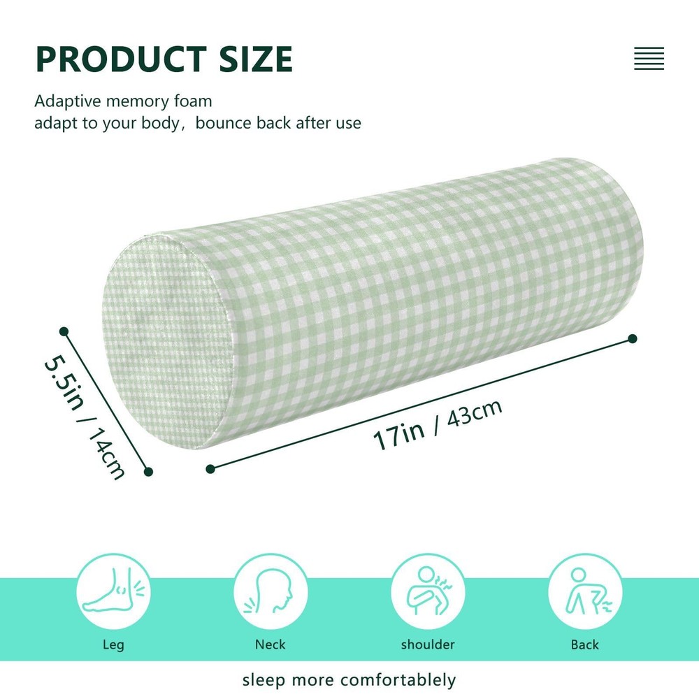 Green Gingham Checkered Neck Roll Pillow - Extra Dense Memory Foam Round Cyli...