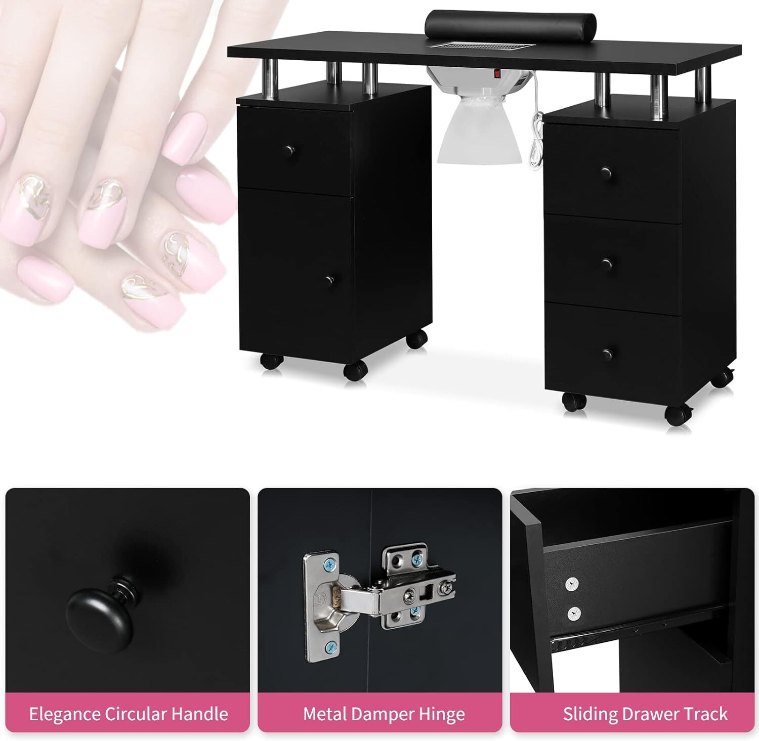 Manicure Table Nail Desk w/Dust Collector & Drawers for Nail Tech, Beauty Salon