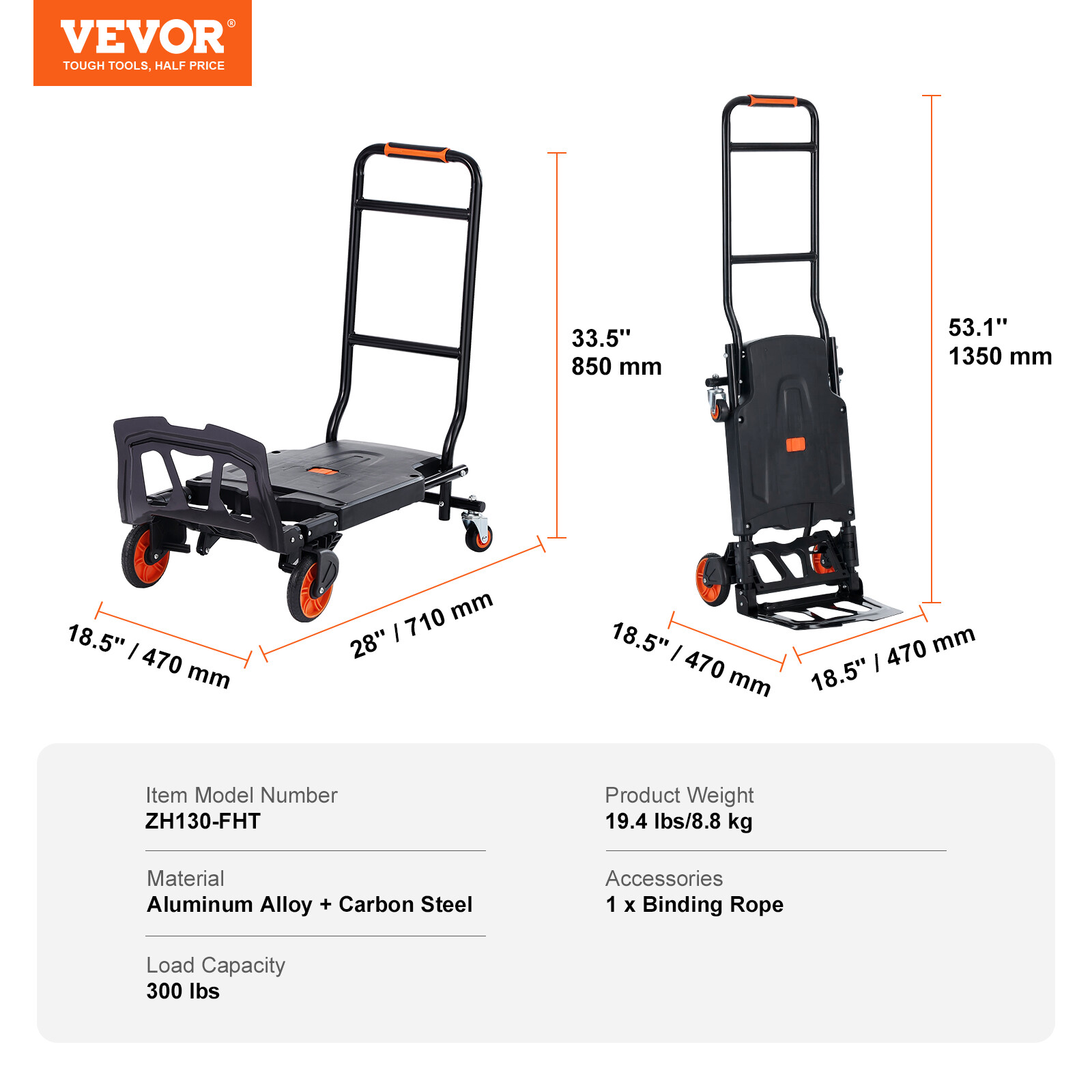 VEVOR Aluminum Hand Truck 2 in 1 Folding Dolly Cart 300 lbs Capacity Heavy Duty
