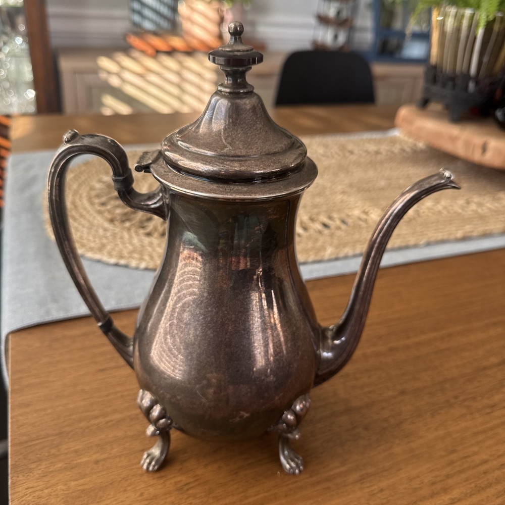 Vintage Antique Crescent Silver Plate Footed Teapot 10” Lid Handle