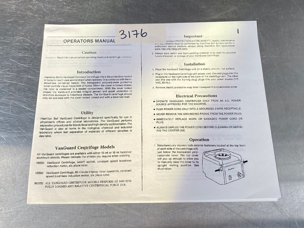 Hamilton Bell VanGuard Centrifuge - Users Manual /instructions Book