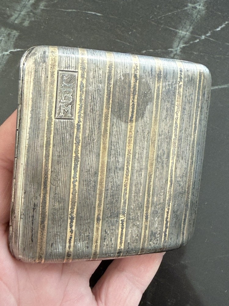 Solid Sterling Silver & 14K Gold Inlay Antique Cigarette Case 90 Grams