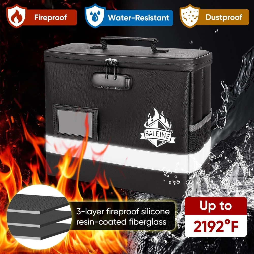 New BALEINE Fireproof Document Box with Lock Portable Bag Waterproof Fire Proof