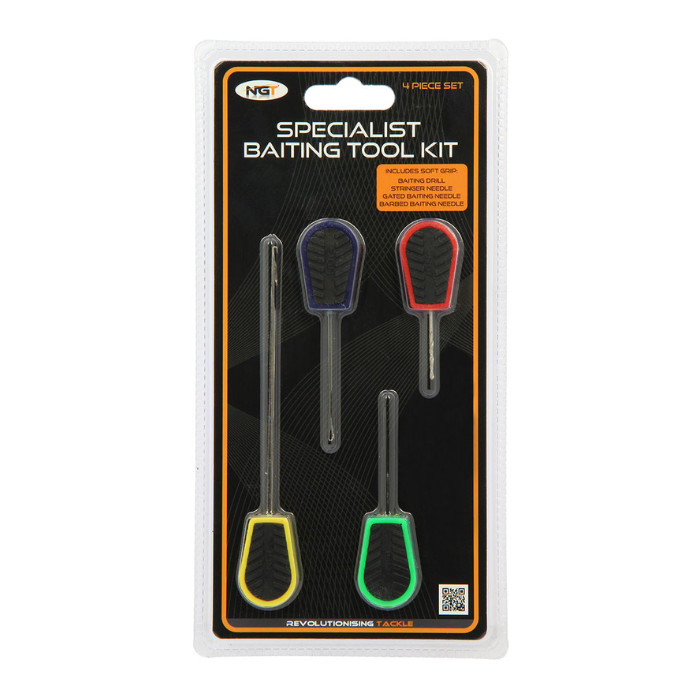 NGT 4pc Tool Set – Soft Grip Carp Rig Tools for Baiting, Looping, Drilling